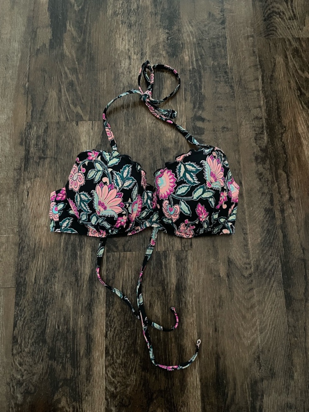 Floral Black Pink Halter Bikini Top